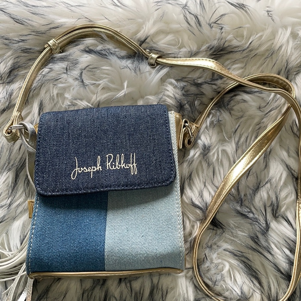 Joseph Ribkoff Crossbody Handbag Purse Denim With Metallic Gold. NWOT - Picture 1 of 7